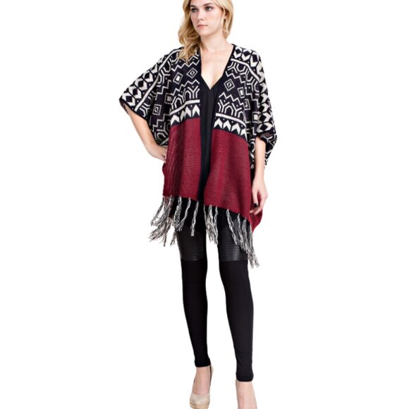 VOCAL Aztec Print Fringed Open Front Poncho Cardigan Sweater S-XL NWT - Picture 2 of 5
